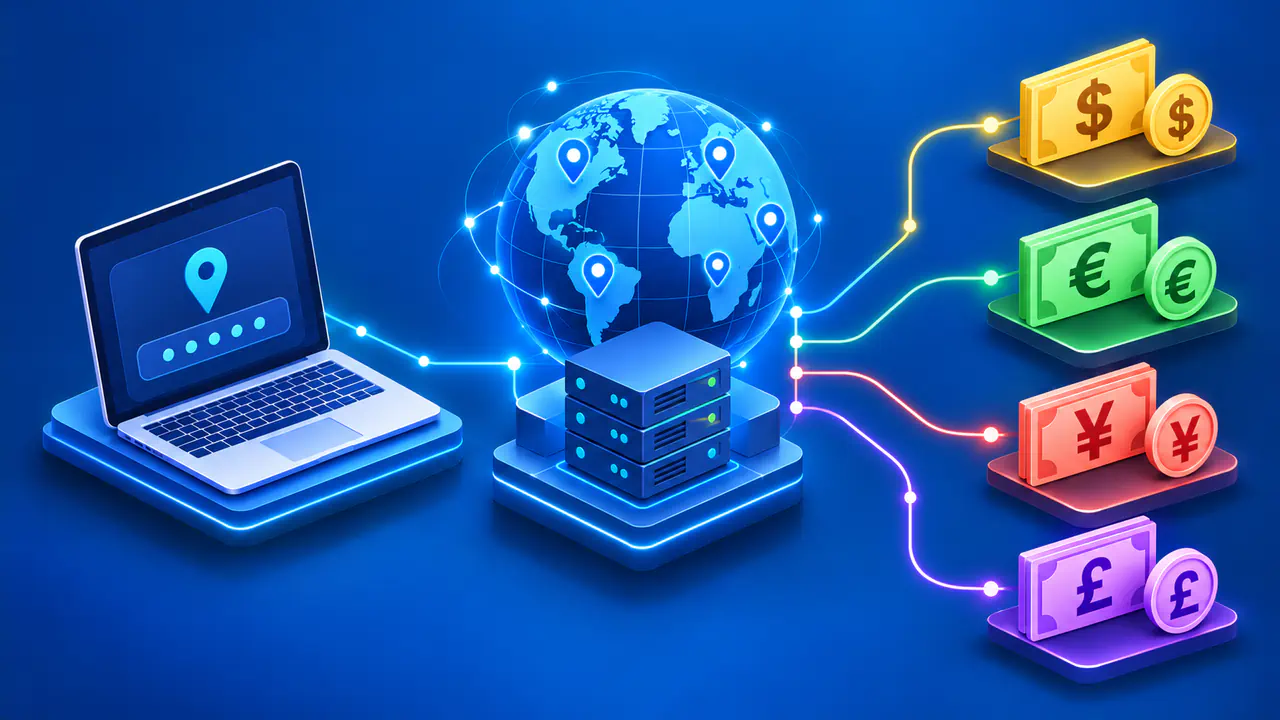IP address country and currency lookup illustration
